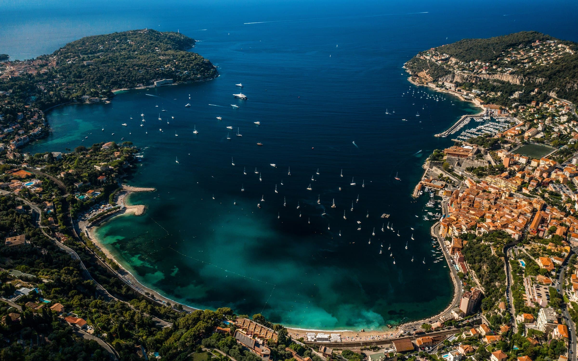 Aerial view of Villefranche-sur-Mer bay on the French Riviera